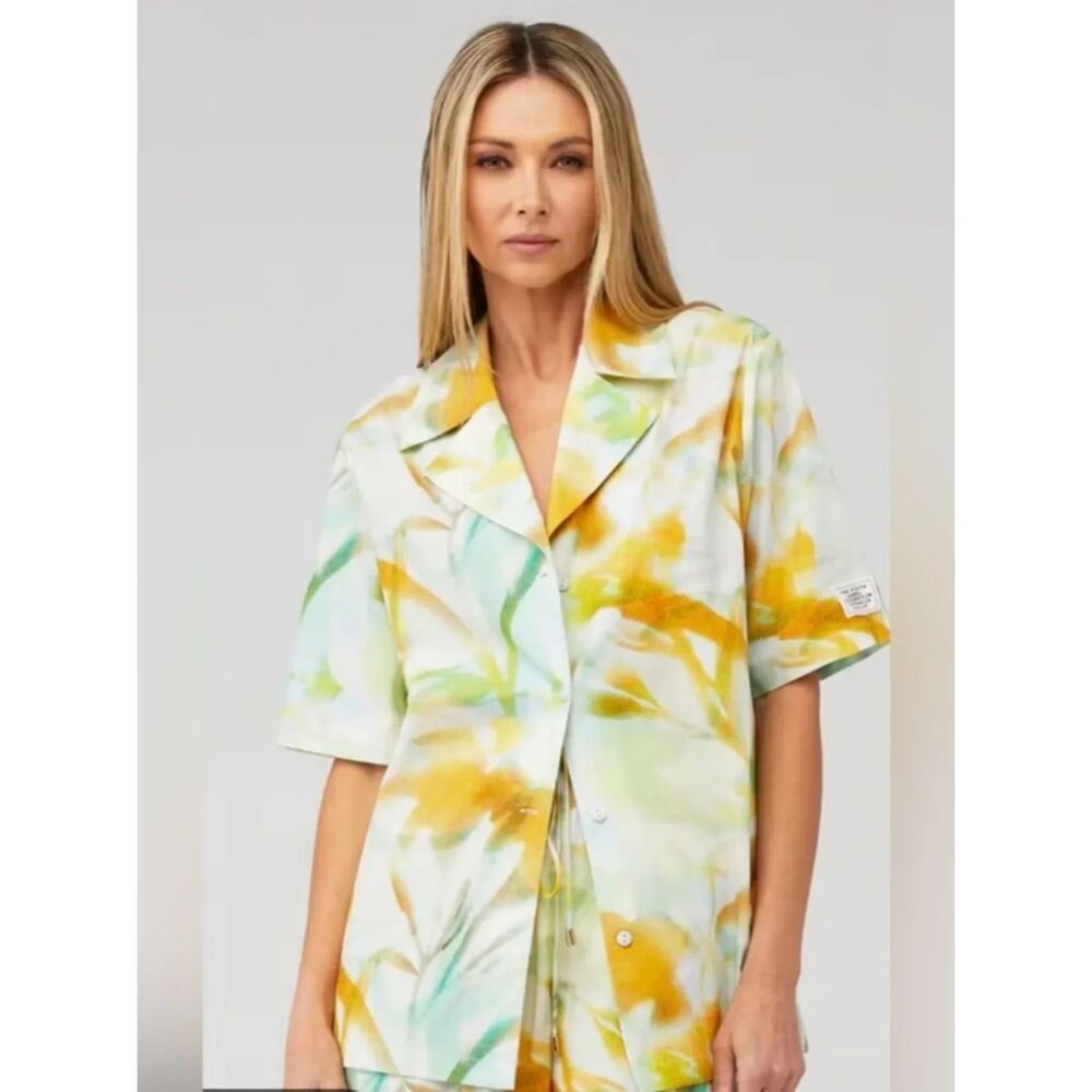 The Fifth Label Abstract Floral Button Down Top Organic Cotton Green Yellow S